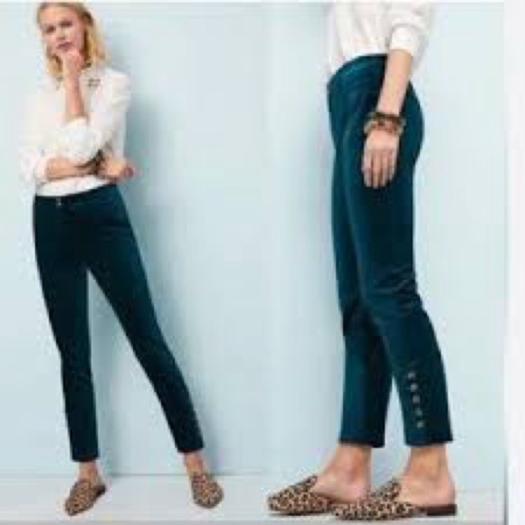 Anthropologie The Essential Slim Emerald Green Velvet Ankle Pants Button Detail - Picture 1 of 16